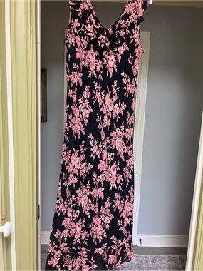Black Maxi Dress with Pink Floral Print - Women's Elegant V-Neck